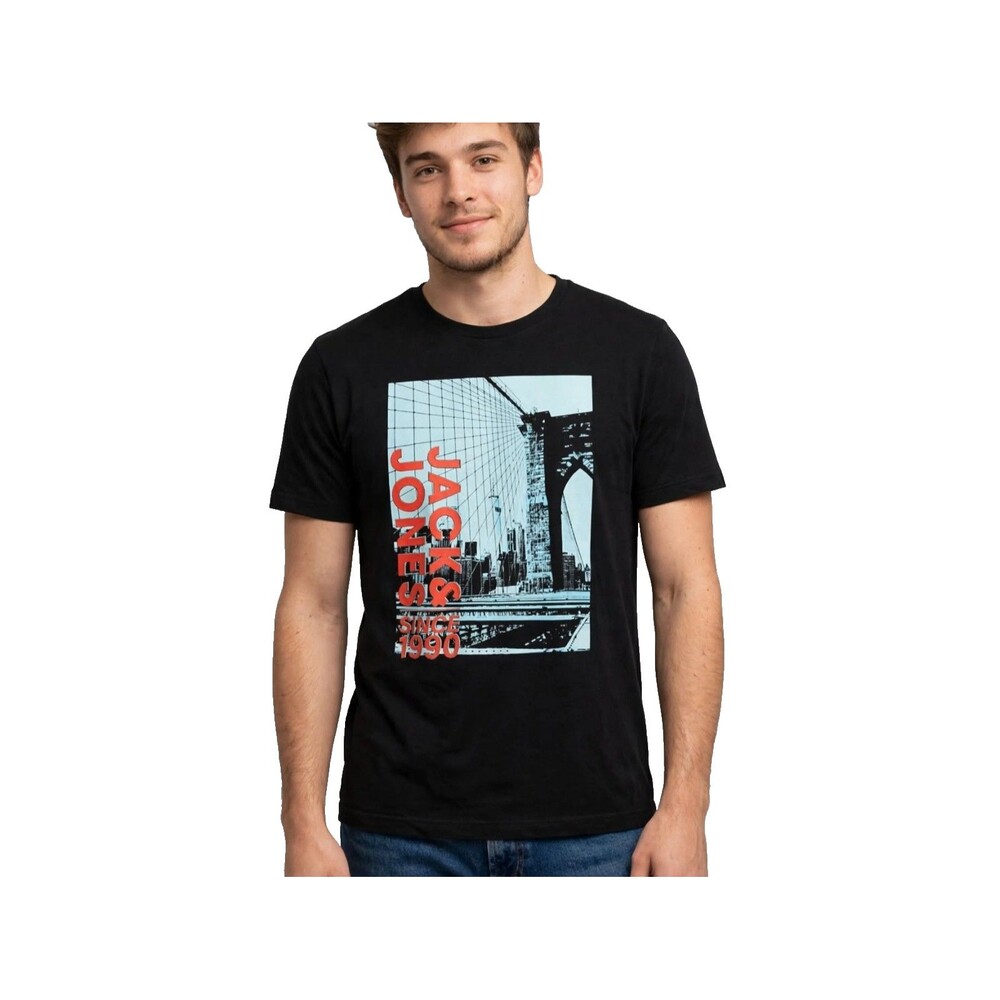 Jack & Jones Mens Black Graphic Tee Size M Short Sleeve Cotton Preowned